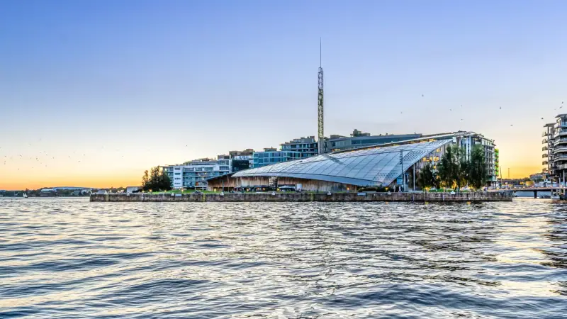 The Astrup Fearnley museum on Tjuvholmen at sunset
